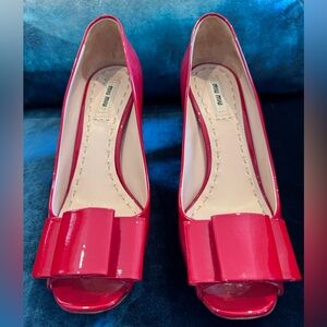 Miu Miu by Prada ~ Red Patent Leather heels, Bow, Peep Toe